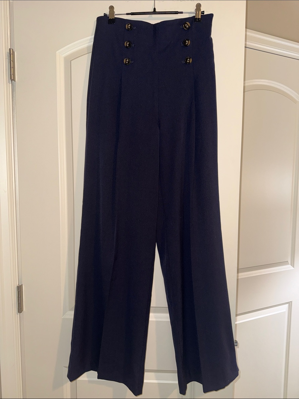 ANN TAYLOR High-Rise Navy Wide Leg Pants with Double Button Detail